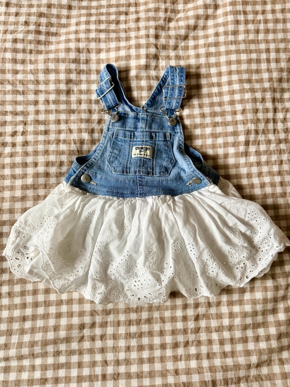 OshKosh B'gosh Blue Denim Bib Dress with White Eyelet Skirt